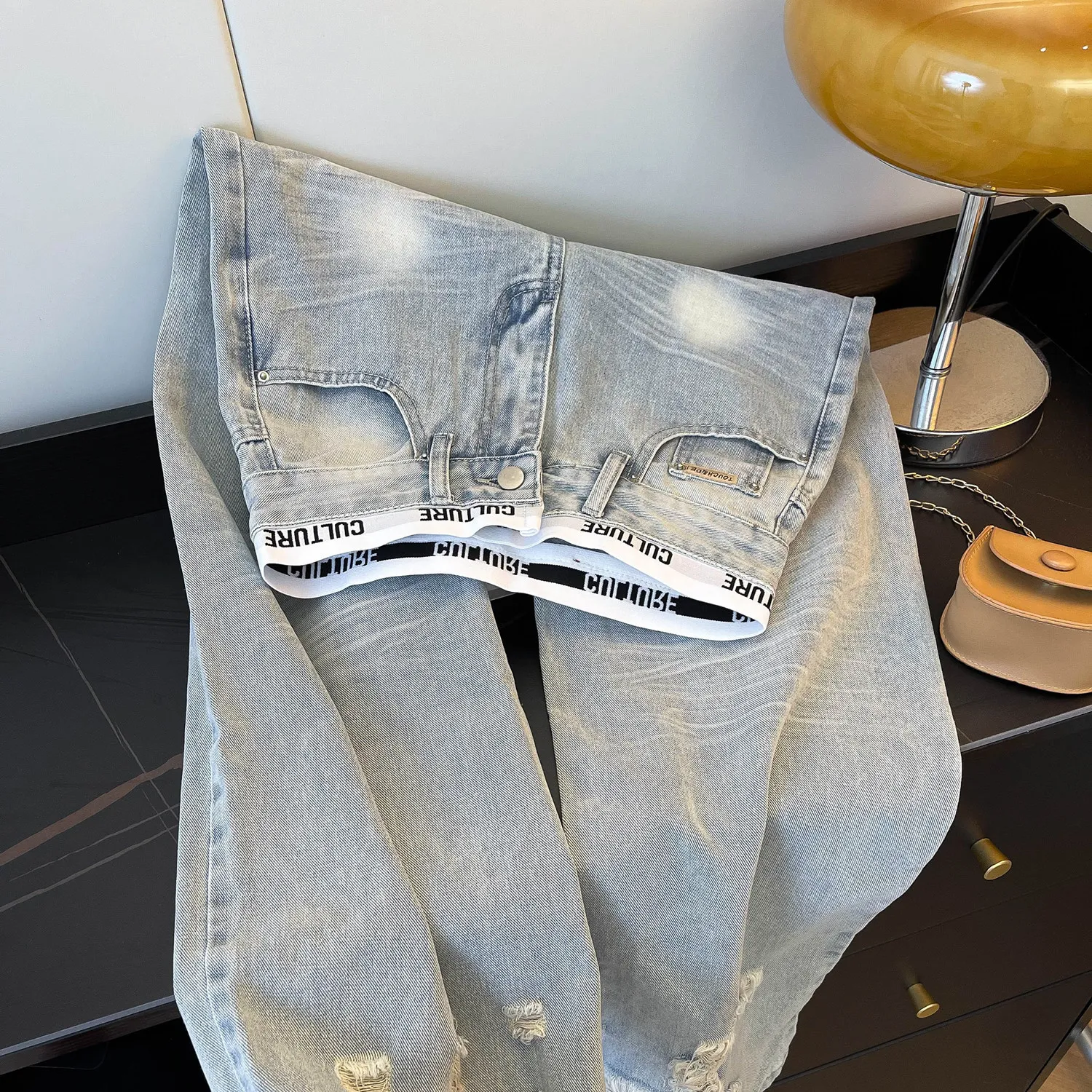 

American Vintage Ripped Patchwork Jeans For Women New Spring Fall Light Blue High Waist Slim Loose Wide Leg Denim Trousers Stree