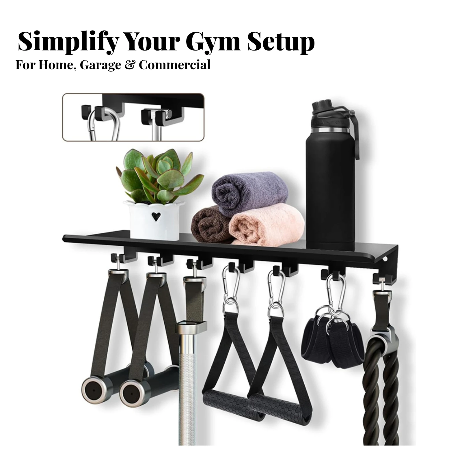 Gym Equipment Organizer Versatile Rectangular Wall Shelf with Retaining Edge Wall Shelf with Hanging Rail and Hooks Space-Saving