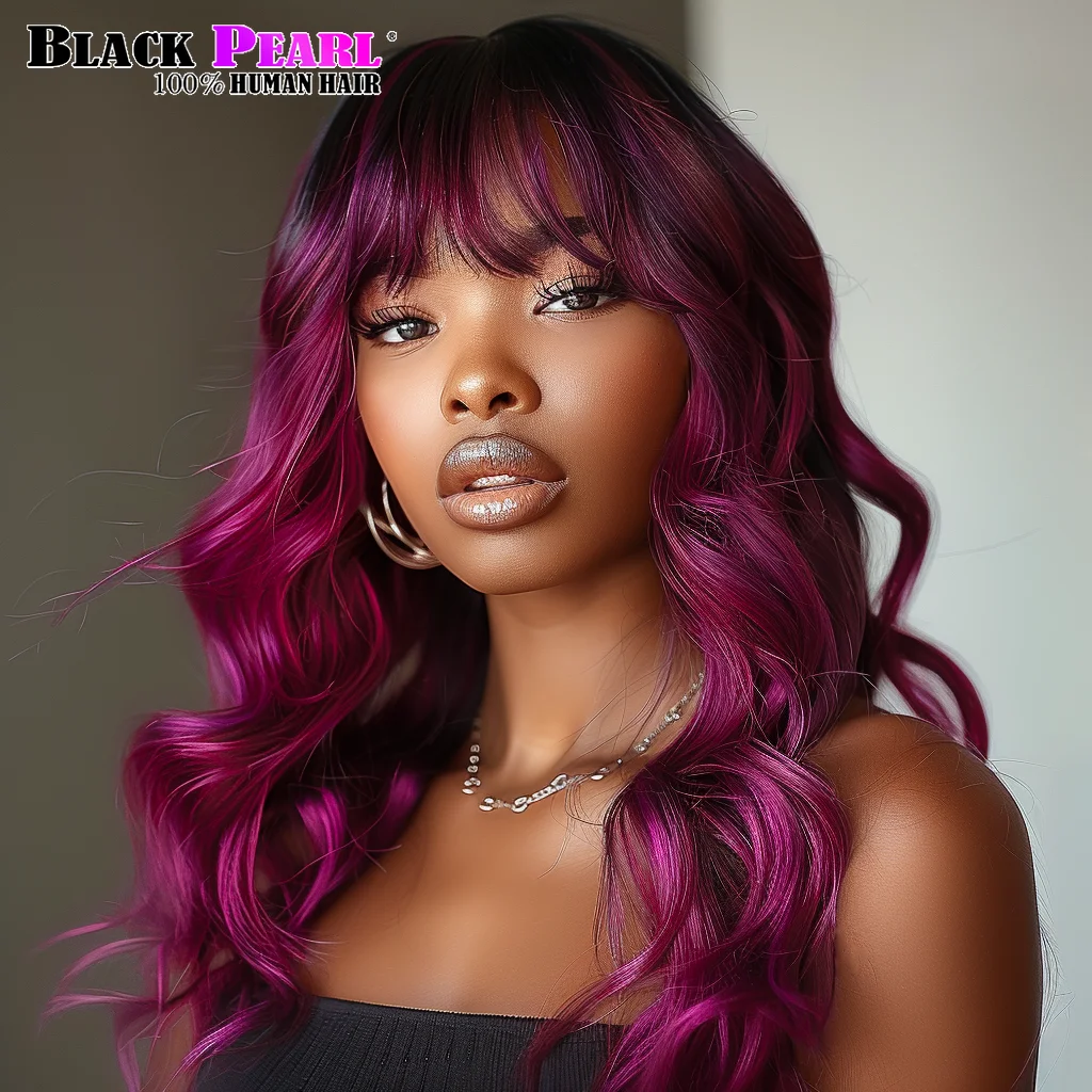 Body Wave Human Hair Wigs With Bangs Fringe 180D Brown Purple Glueless Wet and Wavy Brazilian Full Machine Made Women Wigs 1B/27