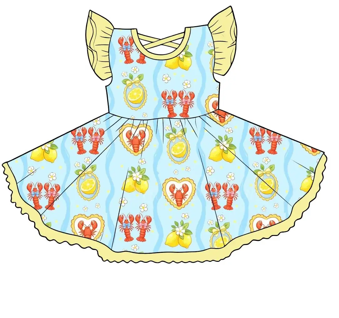 Kids Cute Summer Beach Outfit Toddler Girl Lobster Lemon Print Tank Top Shorts Set Girls Twirl Dress