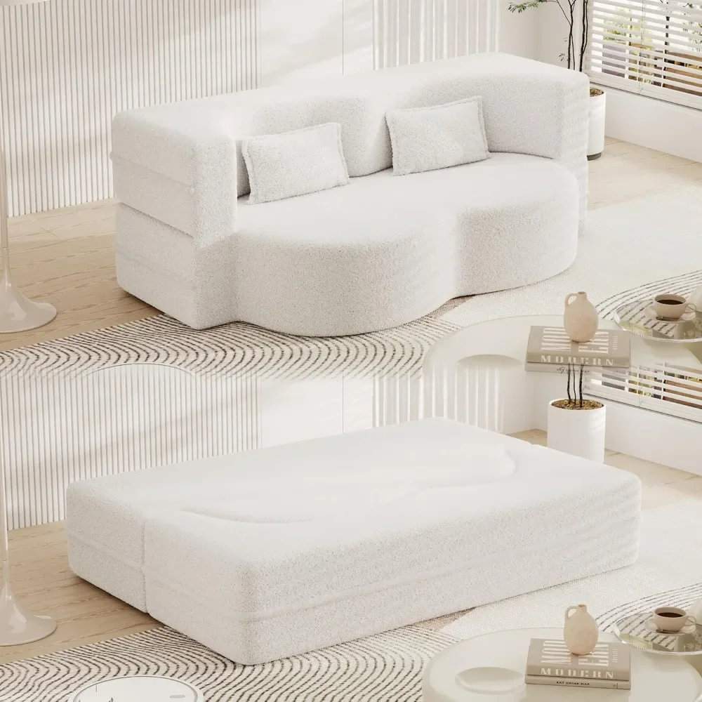 

Floor Sofa Futon Cloud Couch Convertible Sofa Bed with 2 Pillows Teddy Fabric Foam-Filled Loveseat Sleeper Sofa Couches