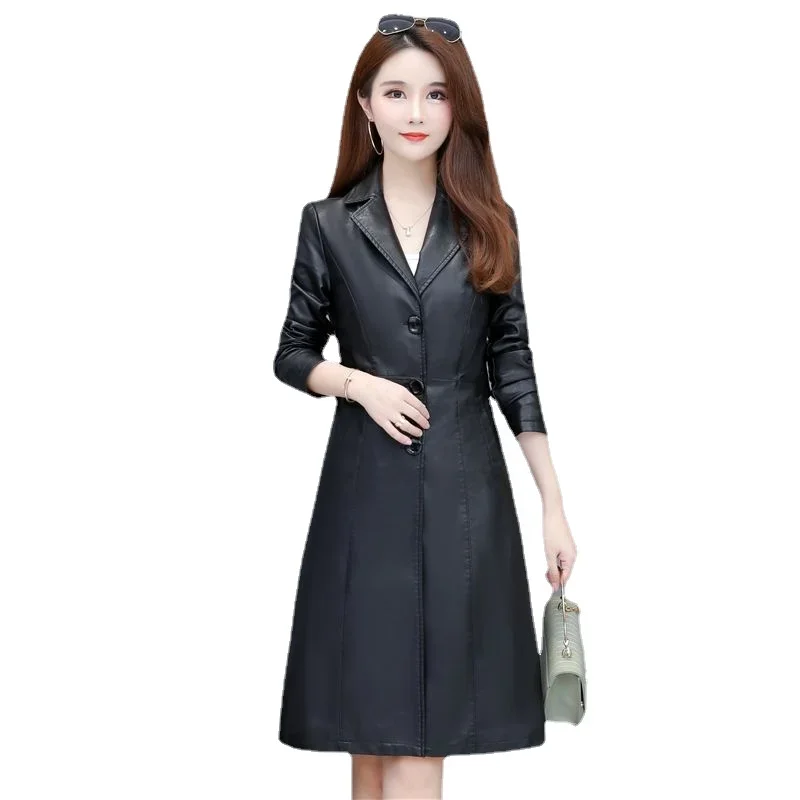 

Compound lambskin leather jacket Free wash PU women clothing trench Long faux fur coat streetwear casaca para mujer JJ530