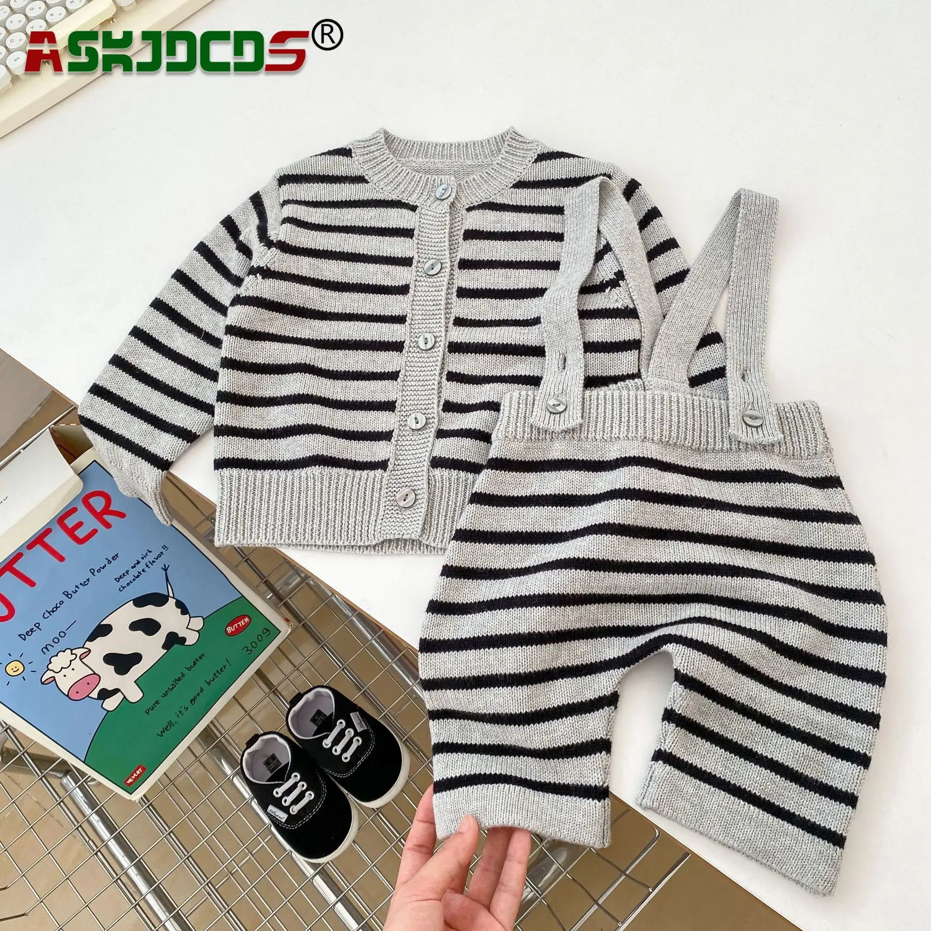 

2023 Autumn Winter Kids Baby Boys Full Sleeve Single-breasted Top Striped Coat Sling Overalls Jumpsuits, Toddler Clothing