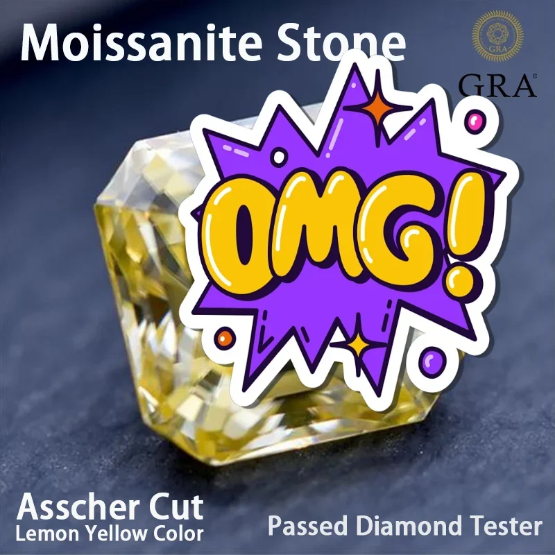 Moissanite Stone Asscher Cut Lemon Yellow Color VVS1 DIY Ring Necklace Main Materials Passed Diamond Tester with GRA Certificate