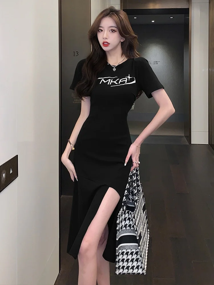 T-shirt imprimé asymétrique Dr femmes été pur désir fille chaude lettrage fente irrégulière longue Sve rond Ne Dr