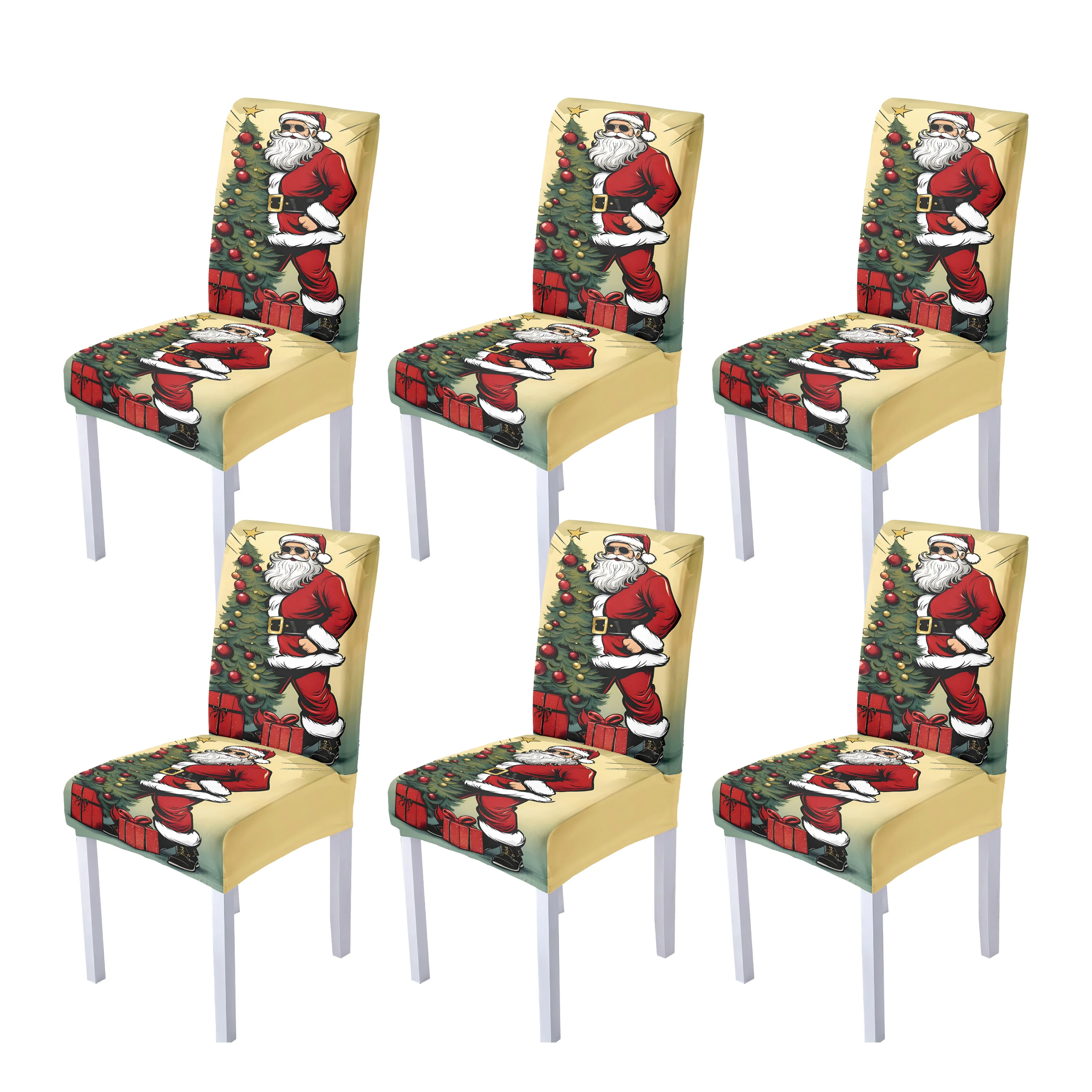 

4/6pcs Christmas-print chair covers featuring Santa Claus and Christmas tree prints, made of stretch spandex and washable.