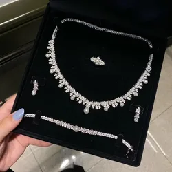 2024 New Cubic zirconia Pearl Necklace Earrings Set of 4 Women's Wedding Party All Zircon Dubai Bridal Jewelry Set Gift