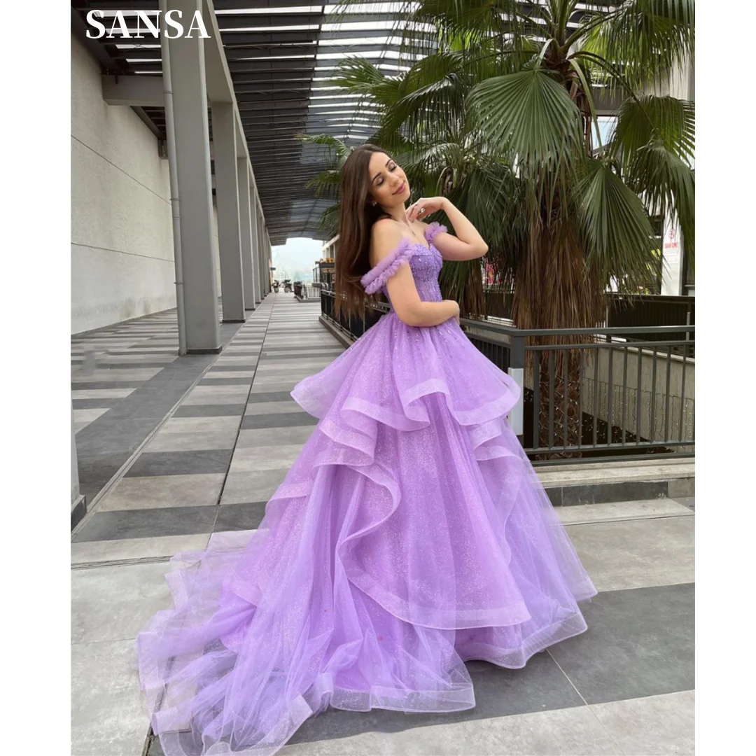 Sansa Purple Off Shoulder Prom Dress Sweet Curling Edge Evening Dresses Shiny Puffy Vestidos De Fiesta فساتين سهرة