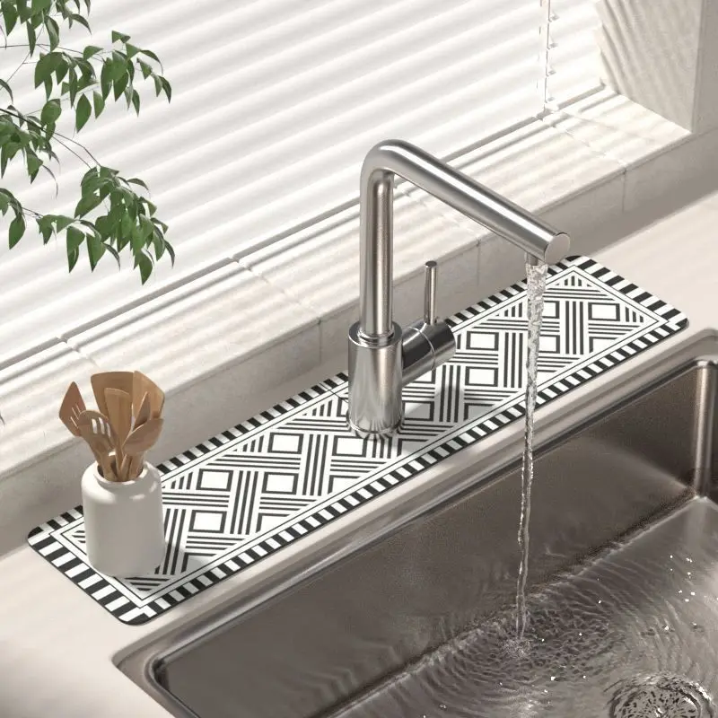 VIKAMA Moroccan Sink Faucet Mat, Black White Medallion Splash Pad, Non Slip Absorbent Quick Dry Counter Protector, Kitchen Decor