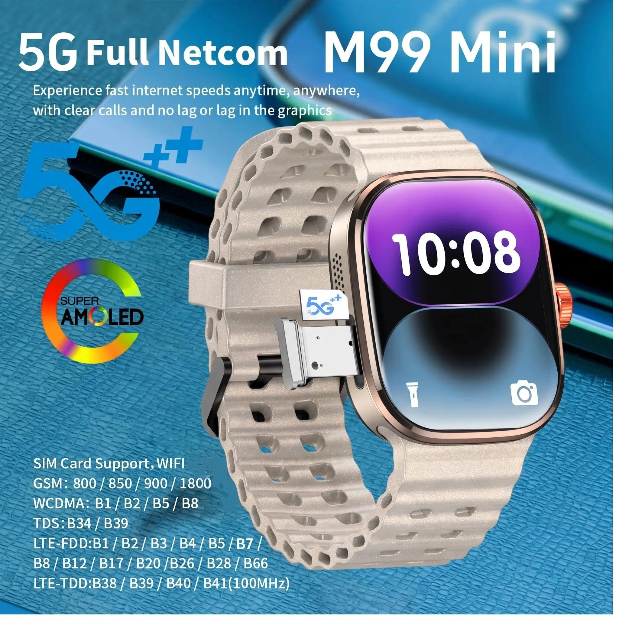 M99 Mini Smartwatch 5G Android 13.0 2.29'' Amoled Display Smart Watch With 800W Pull-out Camera Face/Fingerprint Unlock Sim Card