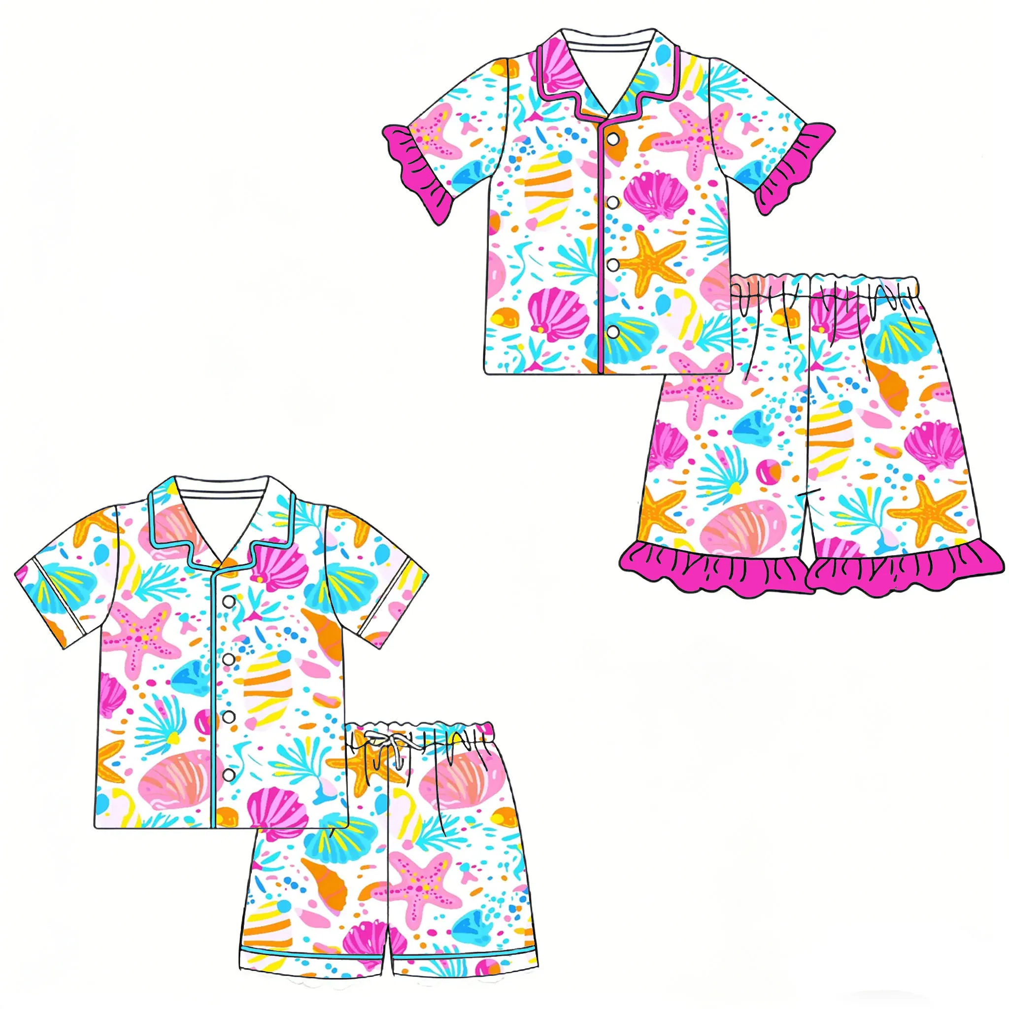 Boutique children's pajama sets Collared buttons short-sleeved shorts set shell and duck prints wholesale