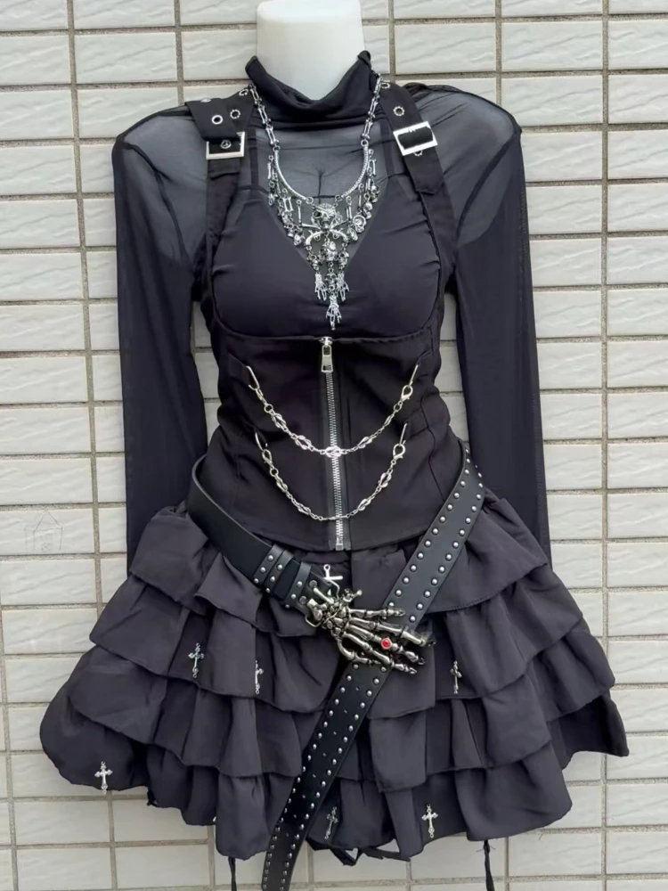 

Hot Girl Y2k Slim Slash Neck Suit Women's High Street Lace Up Waistcoat Waist Tape Tops + High-waist Gothic Cross Short Skirt