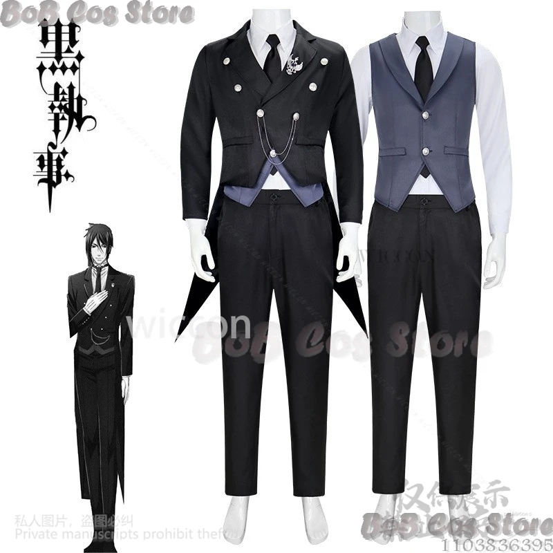 Black Anime Butlerr Cosplay Sebasuchan Devil Uniform Costume Coat Pants Shirt Tie Vest Wig Halloween Party Roleplay Customized