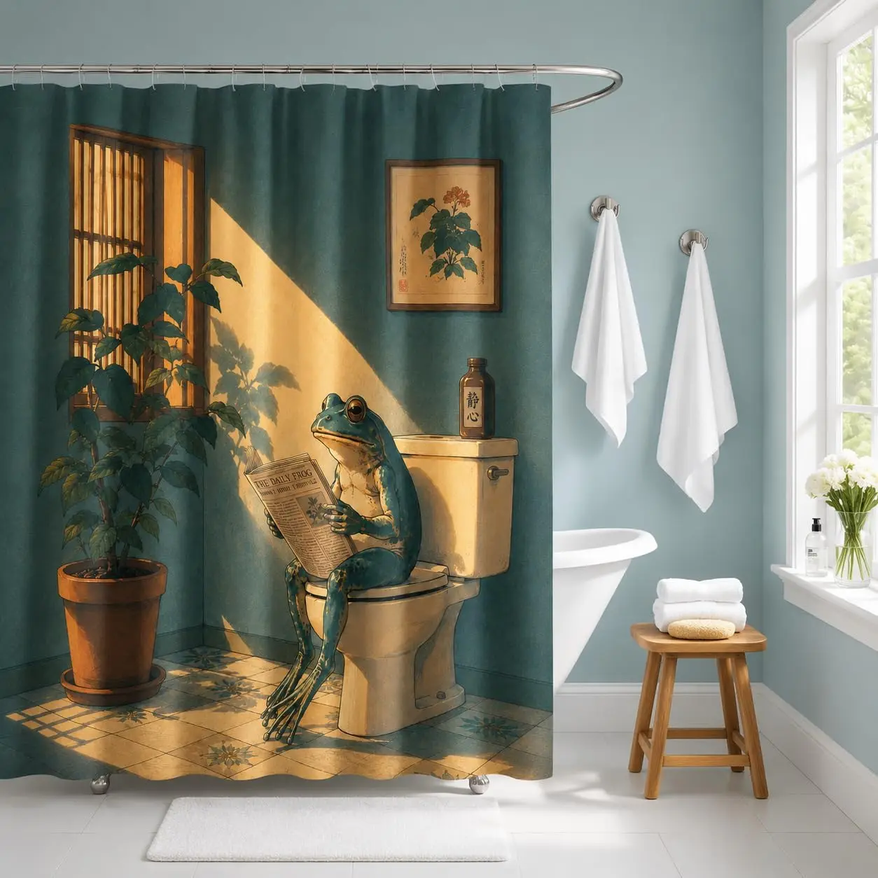 Vintage Frog Reading Shower Curtain,Frog On Toilet Newspaper Green Wall Potted Plant Retro Interior Waterproof Partition Curtain