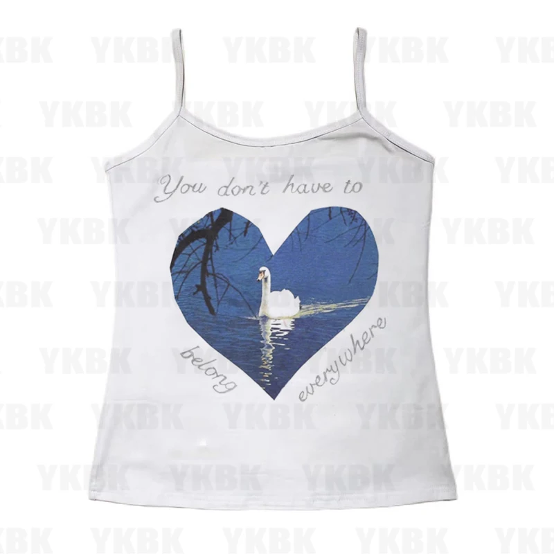 Y2K Hot Girl Punk Print Love Swan  Heart Sleeveless Tank Top For Women 2000s Crop Top Summer Fairy 90s Hippie Tee Korea Fashion