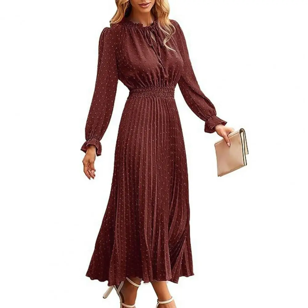 

Women Dress Dot Print Pleated High Tight Waist Long Sleeve Shirring Collar Lace Up V Neck Mid-calf Length Lady Midi Dress