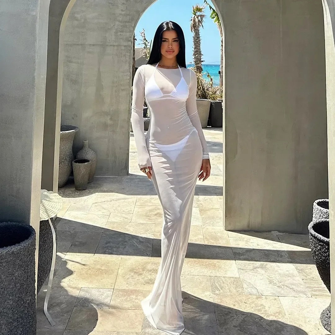 

2025 Women Slash Neck Mesh See-Through Dress New Sexy Slim Pullover Long Sleeve Floor-Length Solid Dresses Beach Cover ups