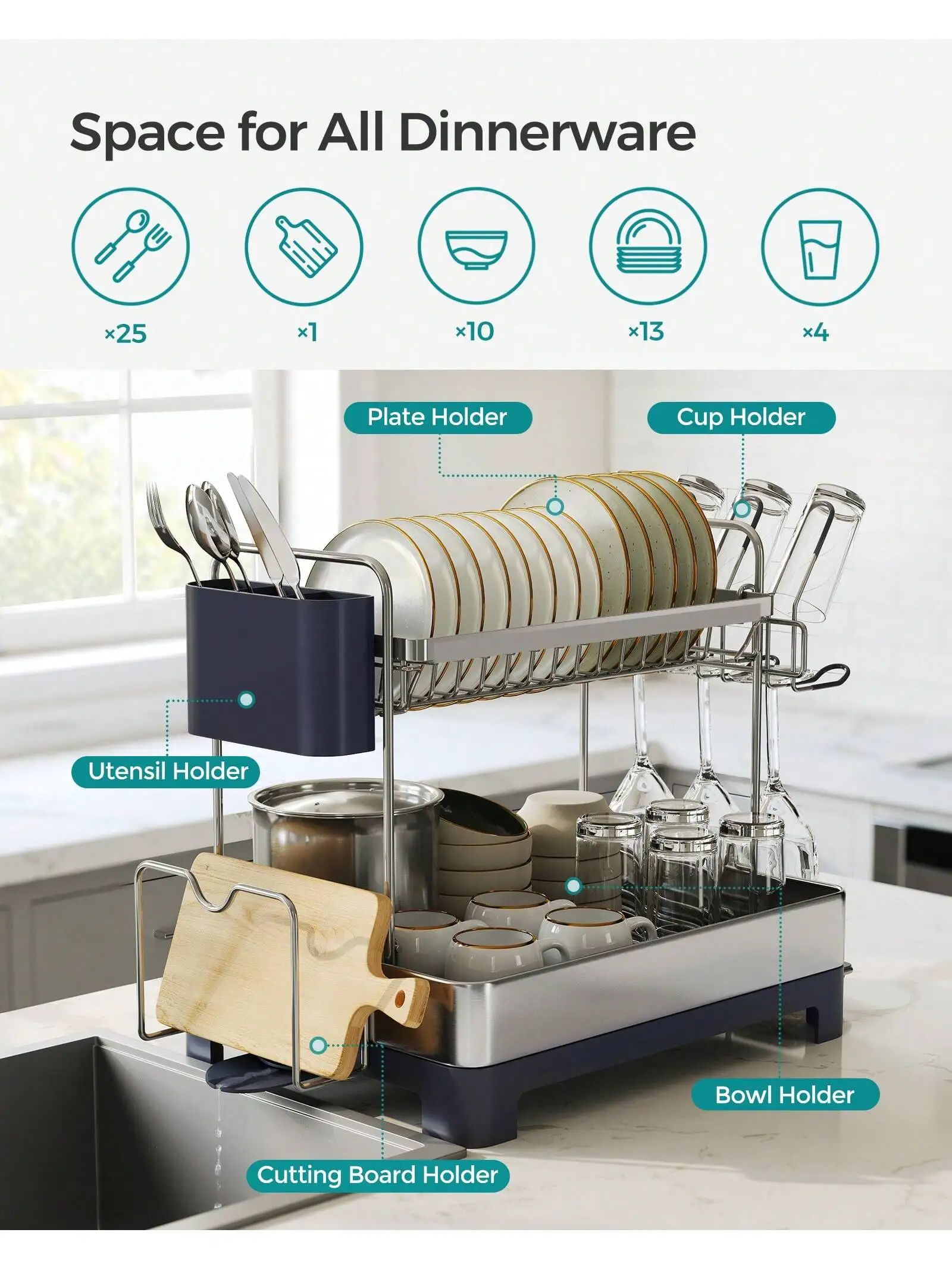 SONGMICS Dish Drying Rack - 2 Tier Dish Rack For Kitchen Counter With Rotatable And Extendable Drain Spout, Dish Drainer With