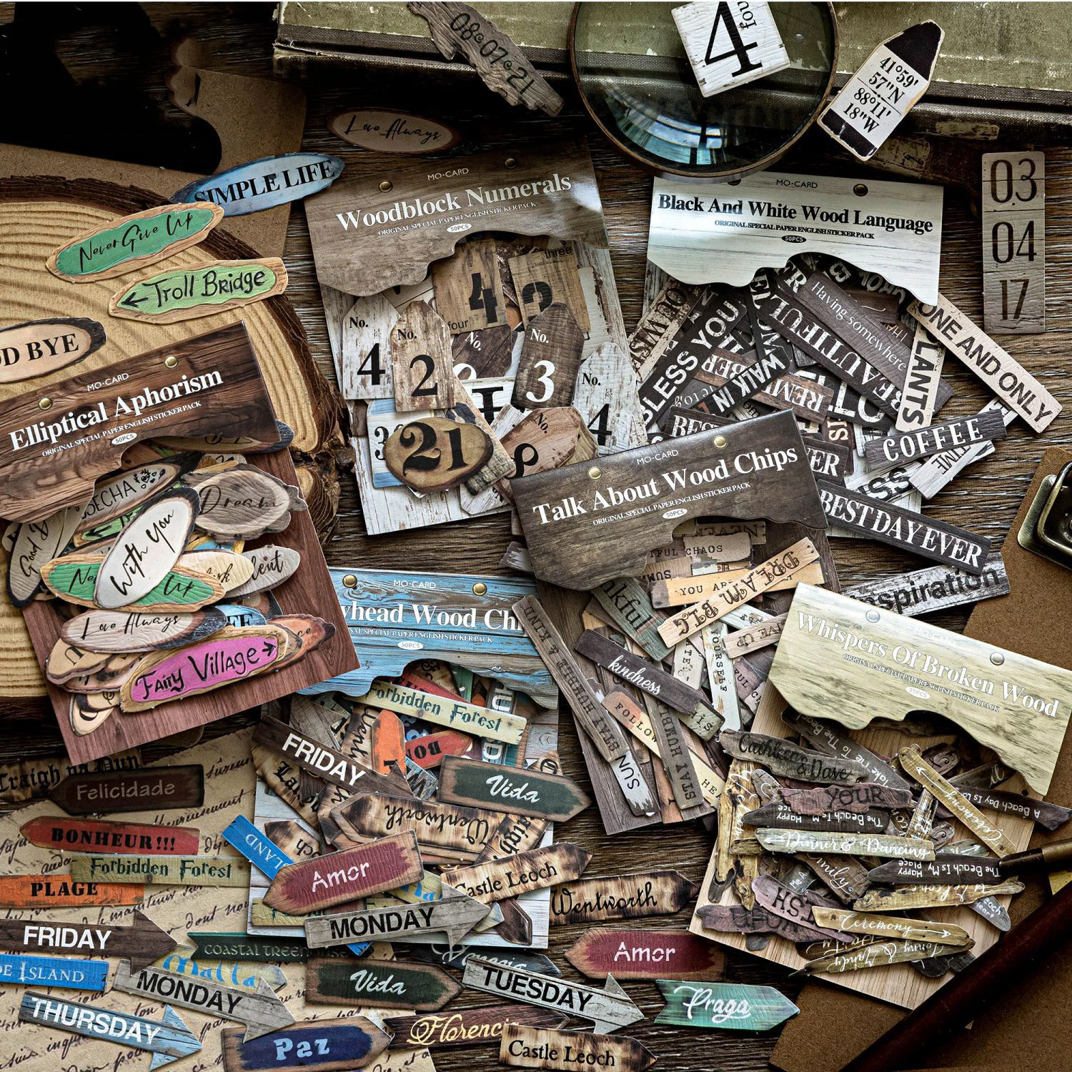 

Серия «Слова из дерева на бумаге»: винтажные наклейки с английским текстом, ландшафтные стикеры, креативные материалы для DIY-журналов, коллажей, канцелярские товары