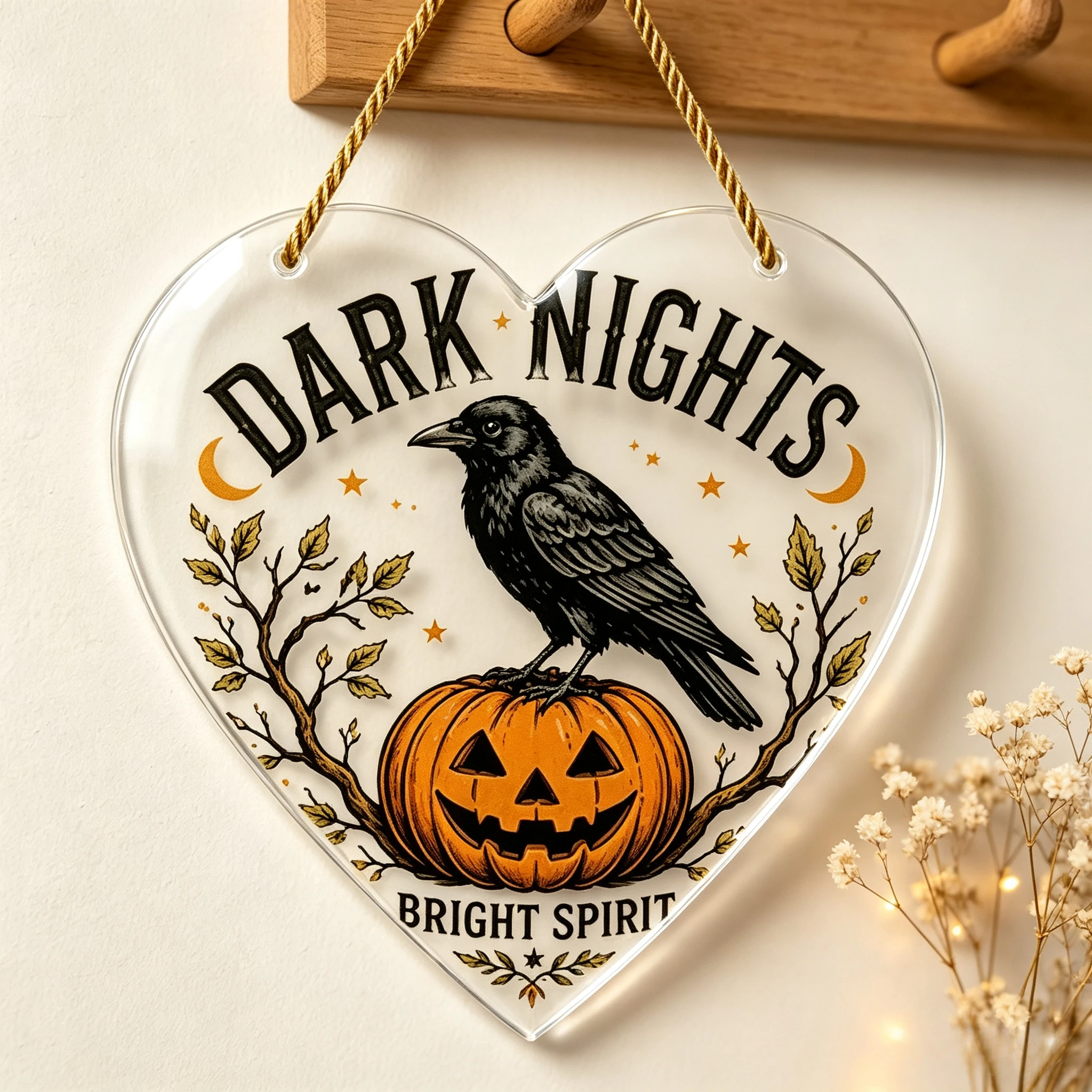 Vintage Gothic Crow Heart Acrylic Hanger, Jack‑o‑Lantern Moon Star Fall Holiday Wall Ornament