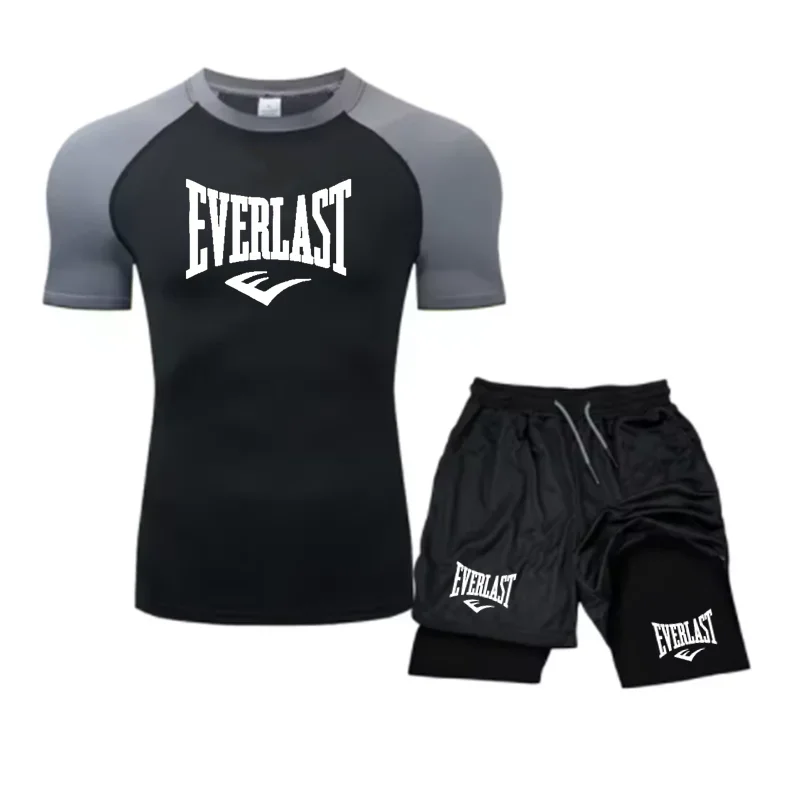 EVERLAST Men's Compress Shirt + 2-in-1 sports shorts 2pcs Set Leisure Breath Short Sleeve Sport Jogging Gym Brand Print Clothing