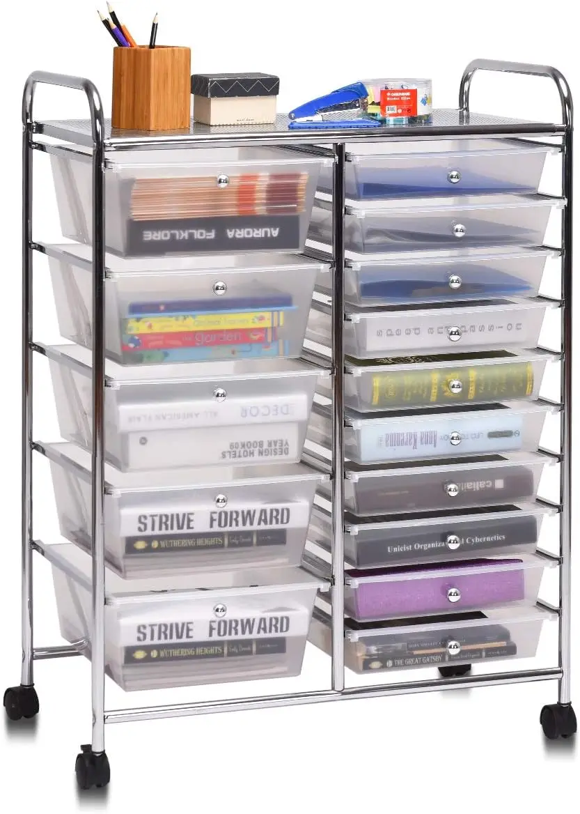 

Giantex 15 Drawer Rolling Storage Cart Tools Scrapbook Paper Office School Organizer, Clear