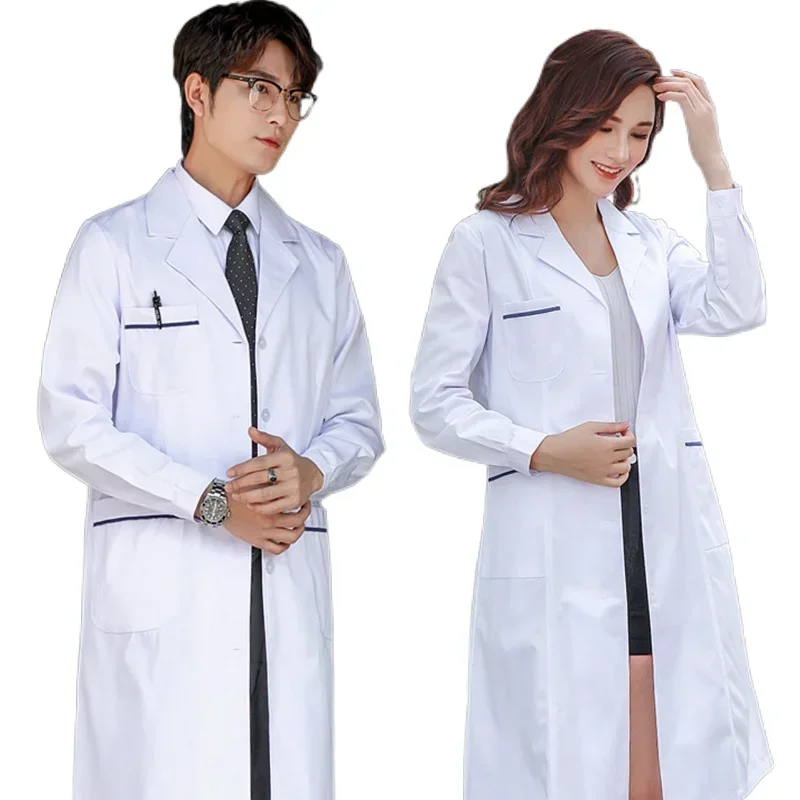 Vêtements de travail blancs longs à simple boutonnage pour infirmières et médecins avec poches, salopette de laboratoire simple pour hommes et femmes, uniforme