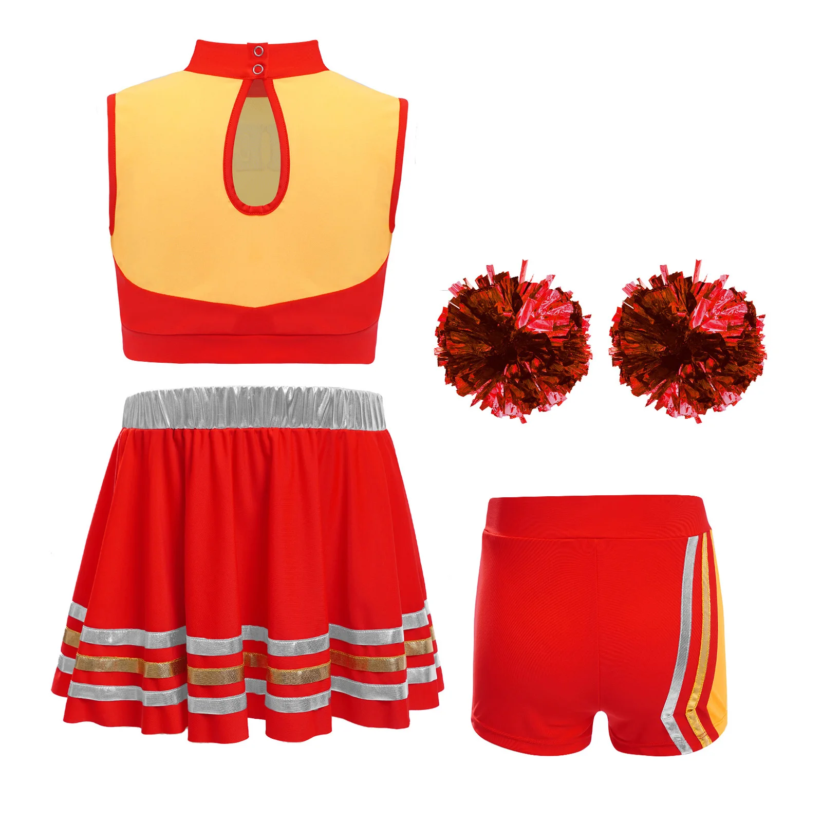 キッズガールズチアリーダーチアリーディング衣装女子高生チアダンスユニフォーム文字プリントクロップトップとスカートフラワーボール