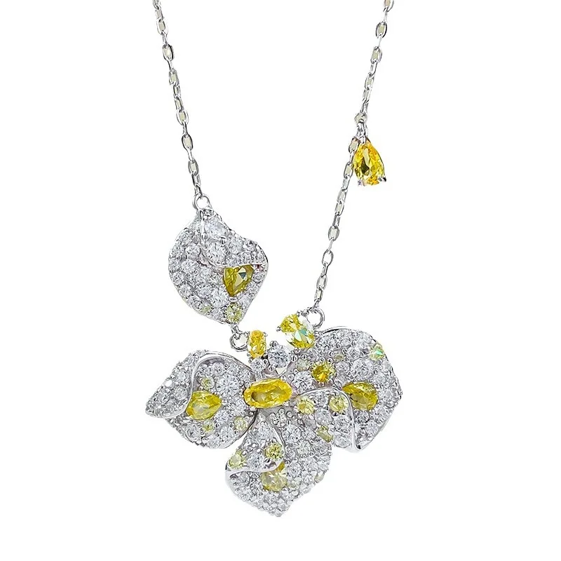 S925 Silver Necklace Rose 3 * 5 Yellow Zircon Inlaid Personalized Fashion Versatile Necklace Boutique Jewelry for Women