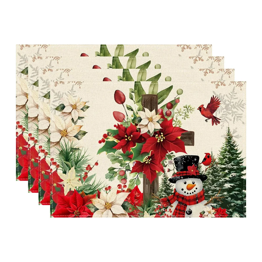 Christmas Poinsettia Snowman Cross Linen Placemats Set Washable Winter Xmas Kitchen Dining Placemats Christmas Decorations