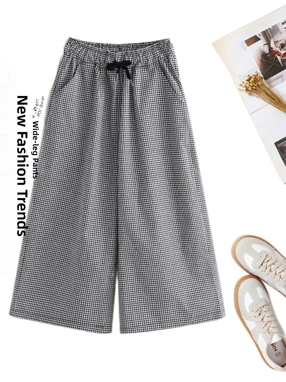 

High-End Japanese Cotton Linen Plaid 7/8 Pants Loose Straight Leg Wide Leg Casual Pants for plus Size Women High Waist