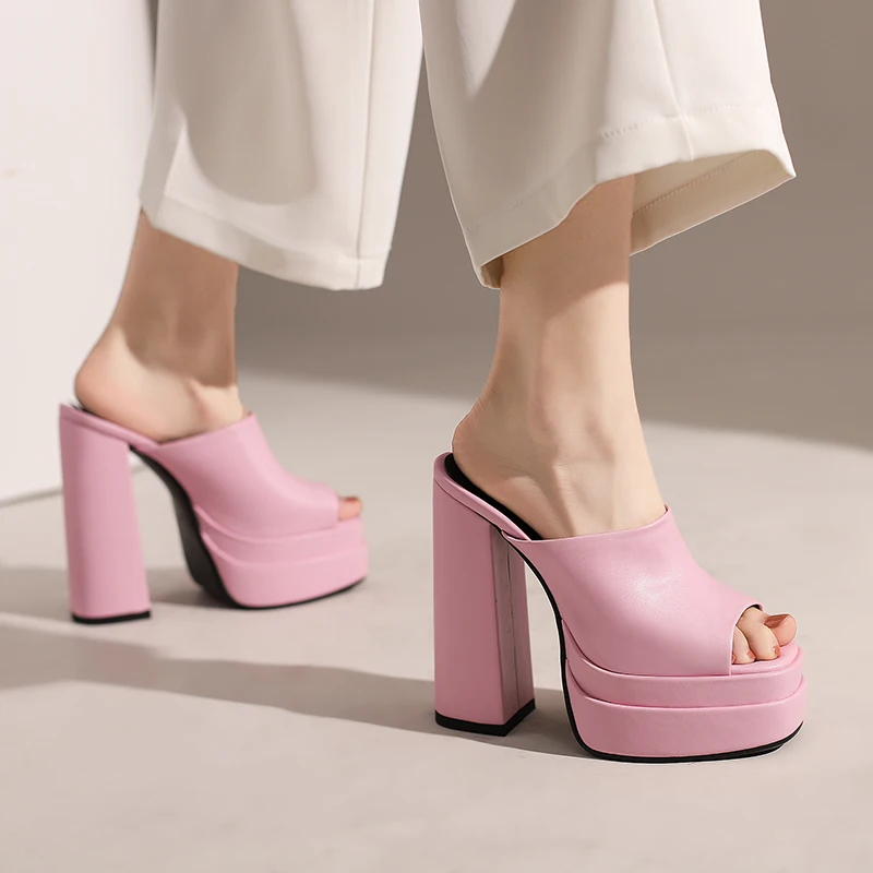 Dark Blue Pink Yellow Open Toe Slippers Womans Shoes Summer Platform Slides Mules Rectangle Block Heels Womens Slides Sandals