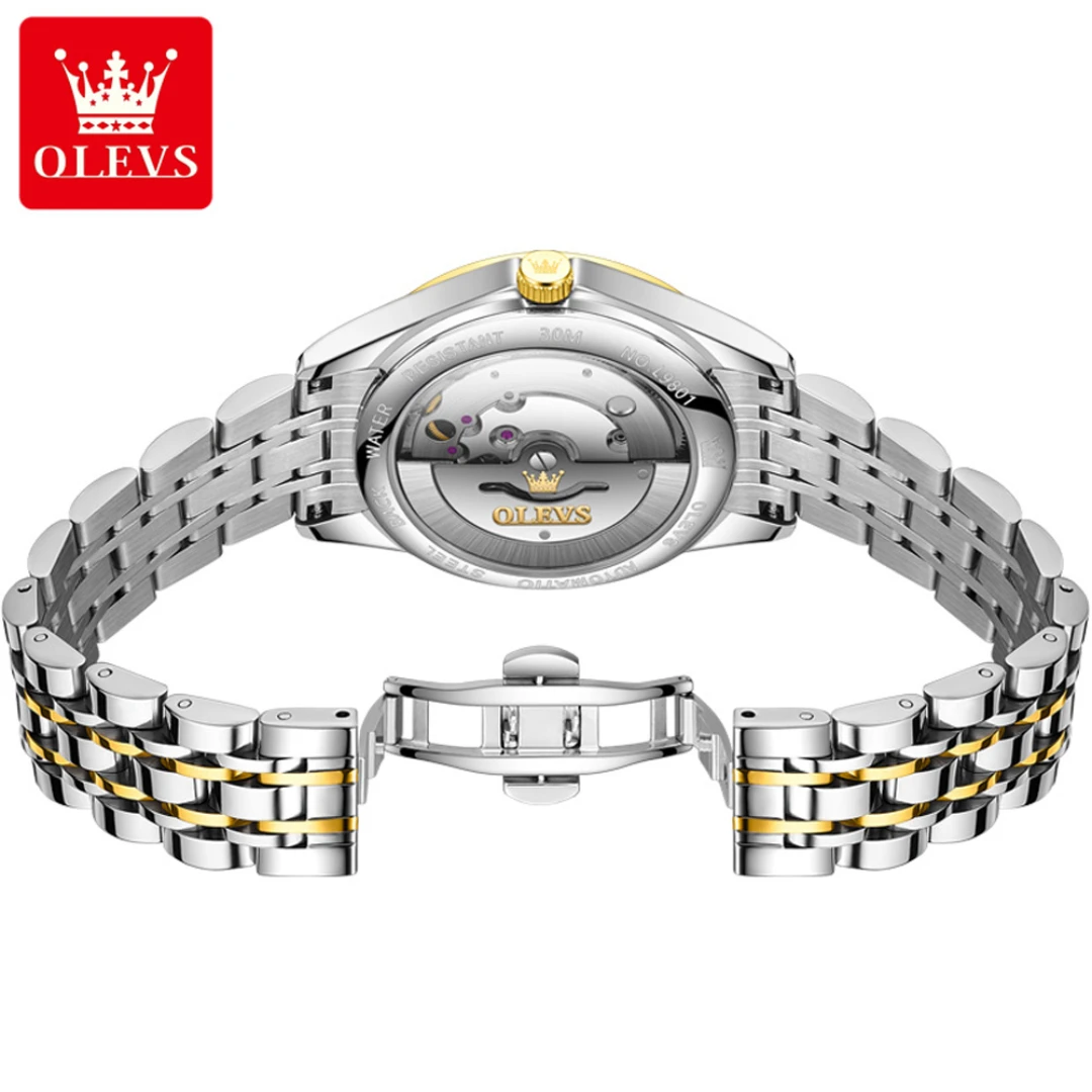 OLEVS 9801 Fashion Mechanical Watch Gift Stainless Steel Watchband Round-dial Wristwatch Calendar Luminous