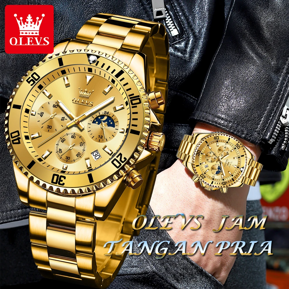 Olevs Herren uhren Luxus goldene Armbanduhr für Herren Chronograph High-End wasserdichte Original Mondphase Quarz Herren uhr