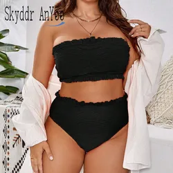 Bikini de talla grande para mujer, traje de baño negro Sexy de 2 piezas, conjunto de Bikini sin tirantes, traje de baño para vacaciones en la playa