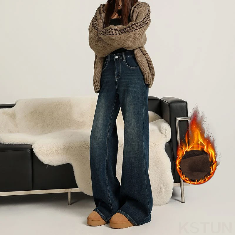 KSTUN 2025, Winter-Damen-Fleece-Jeans, warm, gerades Bein, ausgestellte Hose, hohe Taille, Bell-Bottom-Hose, Vintage-Stretch, verdickt