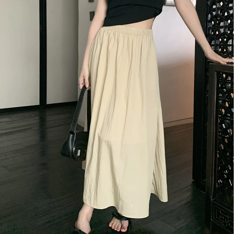 Summer New Solid Color Fashion Elastic Waist A-line Skirt Women High Street Casual Pockets Patchwork High Waist Female Clothing