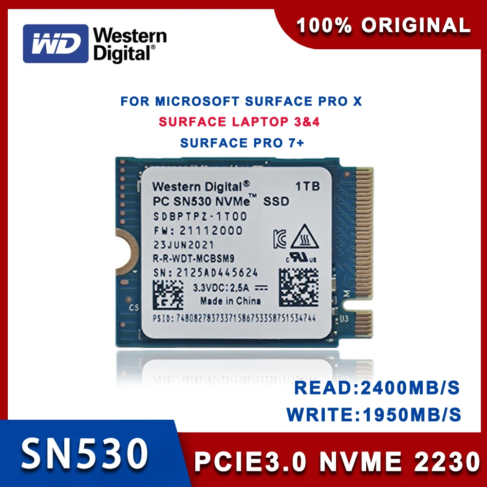 Western Digital WD SN530 M.2 2230 SSD 1TB 512GB 256GB NVMe PCIe Gen3 x4 for Microsoft Surface Pro X Surface Laptop Laptop 3 NEW