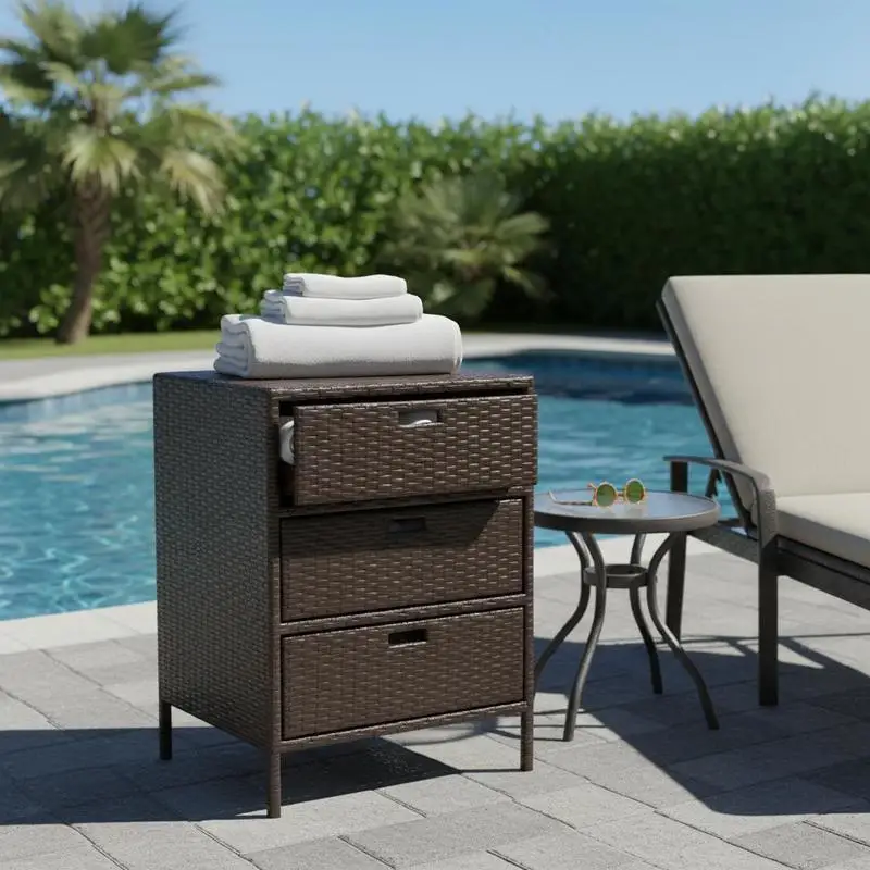 

Patio PE Rattan Storage Cabinet, Wicker Pool Cabinet Organizer, Outdoor Towel Rack for Pool with 3 Drawers, Brown