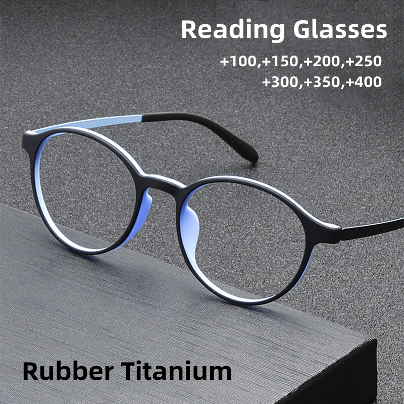Ultraleichte Lesebrille aus Titanlegierung TR90 mit Farbblockdesign für Damen, blauer Rahmen, Retro-Rundform, Blaulichtfilter, Presbyopie 0 +100 +200
