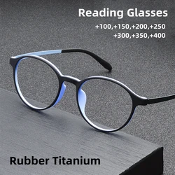 Ultralight Titanium Alloy TR90 Color Block Women Blue Frame Reading Glasses Retro Round Anti blue Light Presbyopia 0 +100 +200