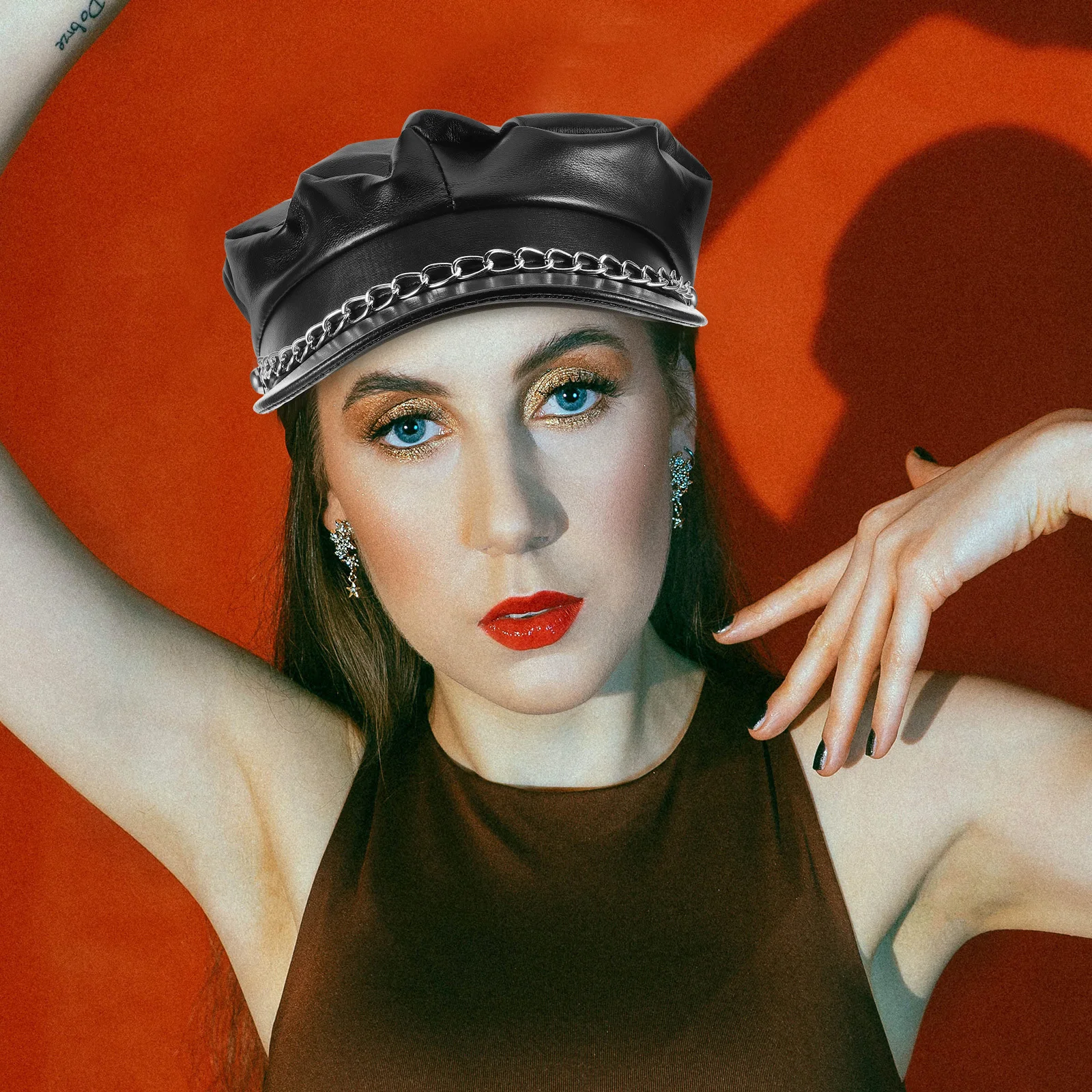 

Navy Cap Pu Iron Chain Flat Top Short Brim Unisex Vintage Newsboy Bakerboy Hat For Daily Accessory