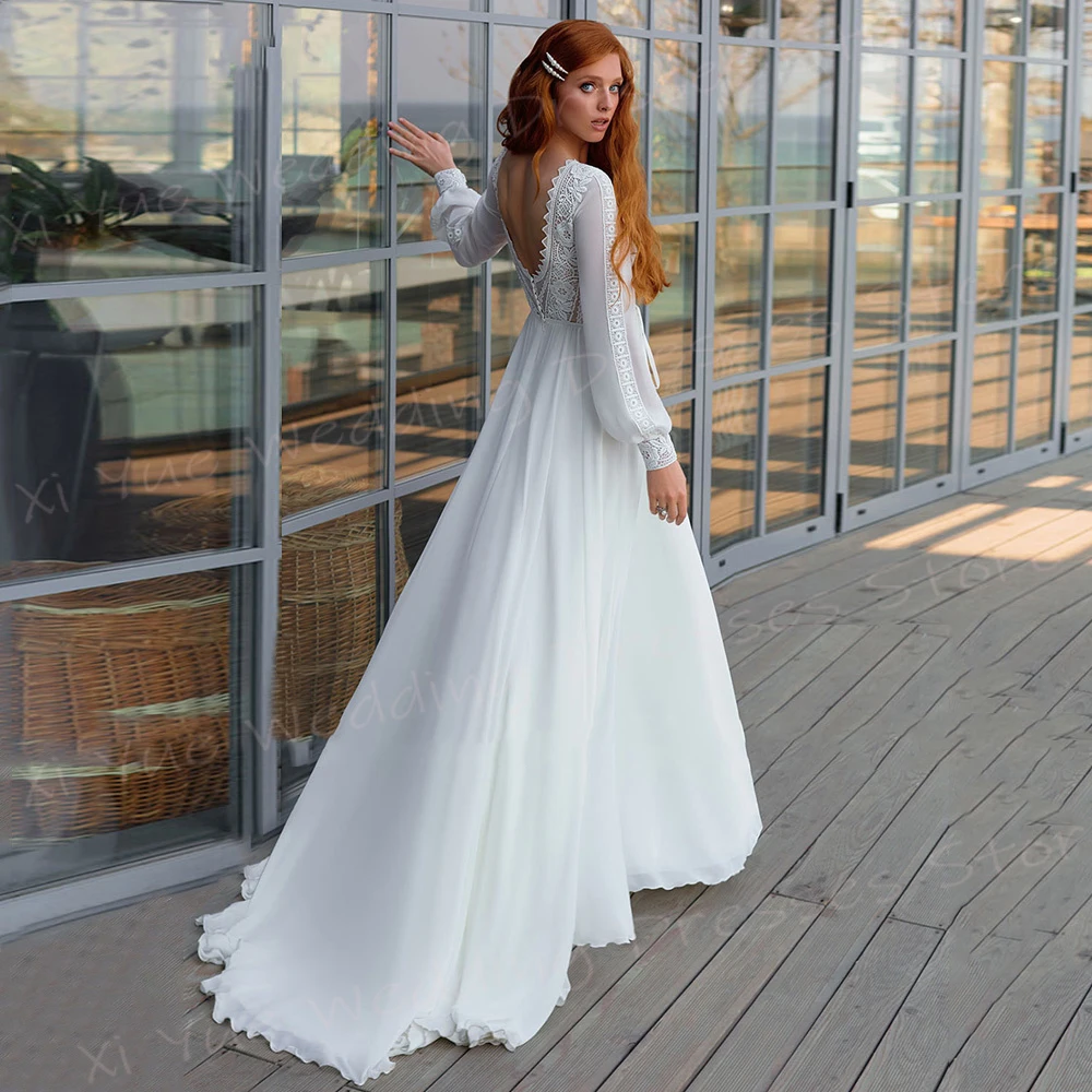 Charming V Neck A Line Women's Wedding Dresses Pretty Lace Appliques Bride Gowns Generous Long Sleeve Backless Vestido De Noivas