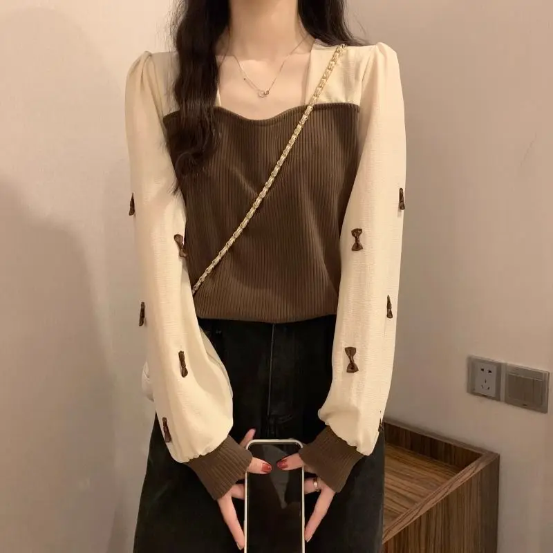 Large Size New Chubby MM Korean Version Fashionable Square Collar Slimming and Concealing Spliced Bottom Shirt Spliced