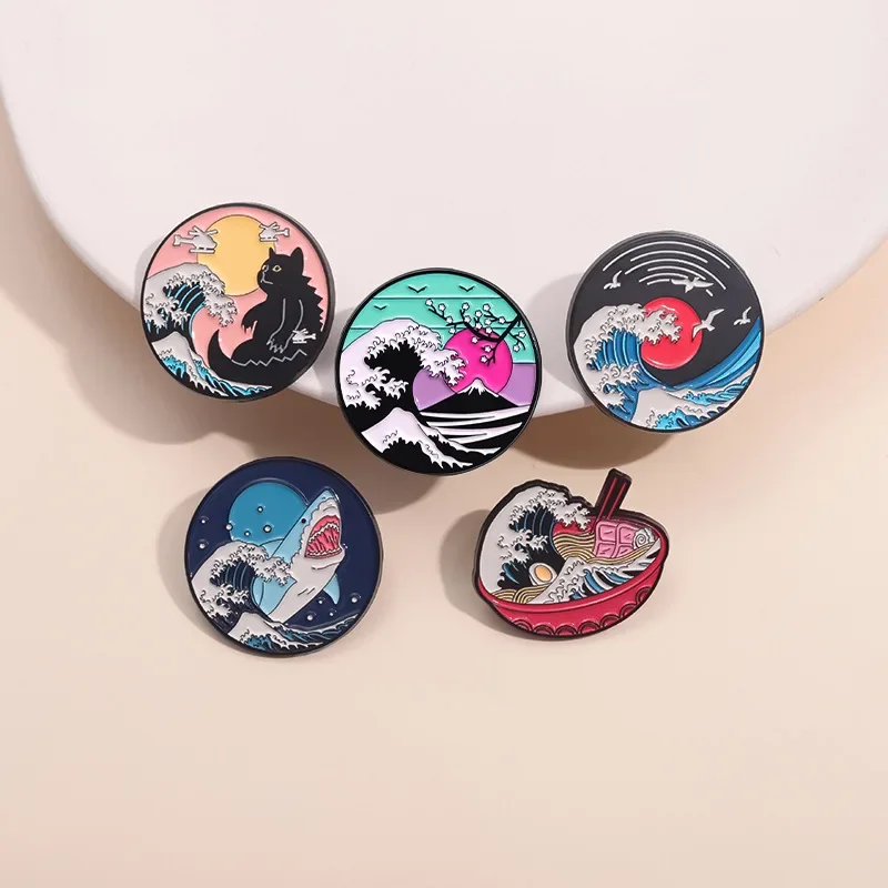 Aesthetic Art The Great Wave Enamel Pins Sunset Moon Cat Comic Scenery Brooch Decorative Backpack Lapel Badge Funny Jewelry Gift