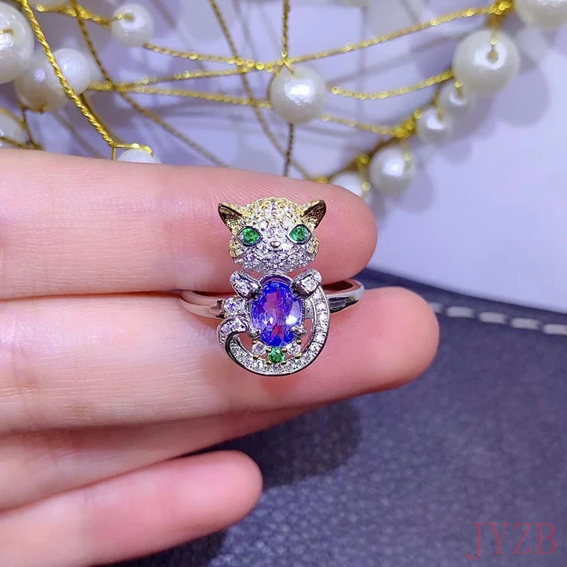 925スターリングシルバージェムストーンリング,100% 天然タンザナイト,かわいい子猫,6x8mm