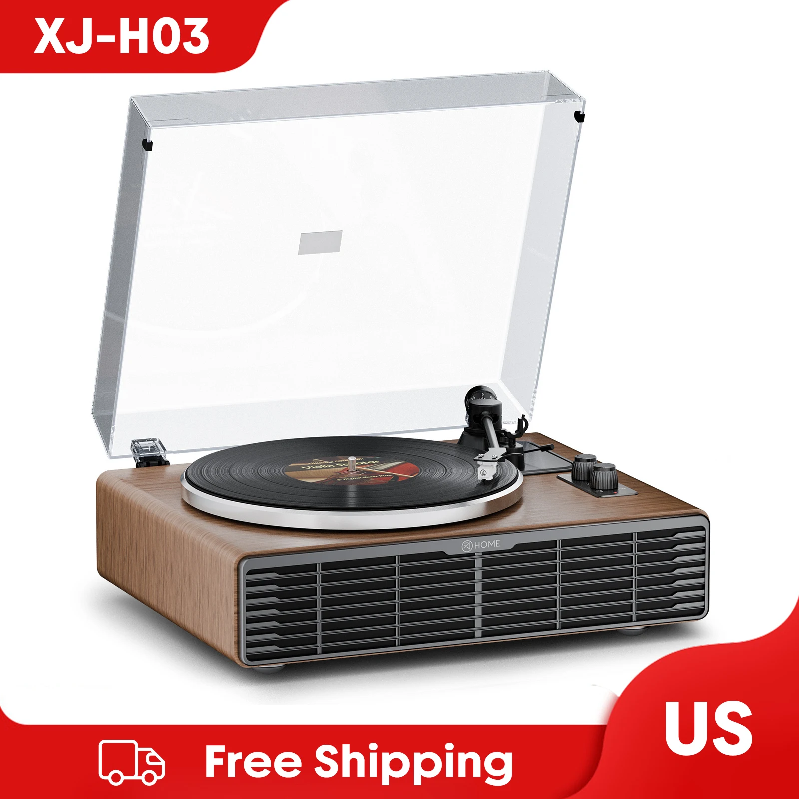 4-Speaker Vinyl Record Player with Bluetooth Input, AT-3600L Cartridge, Built-in Phono Preamp, RCA Output
