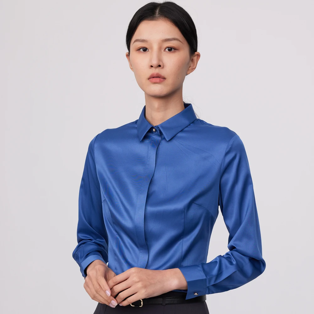 Ladies Office Silk Touch Smooth Long Sleeve Blouses Shirt Without Pocket Women\'s Concealed Buttoned Placket Casual Slim Shirts