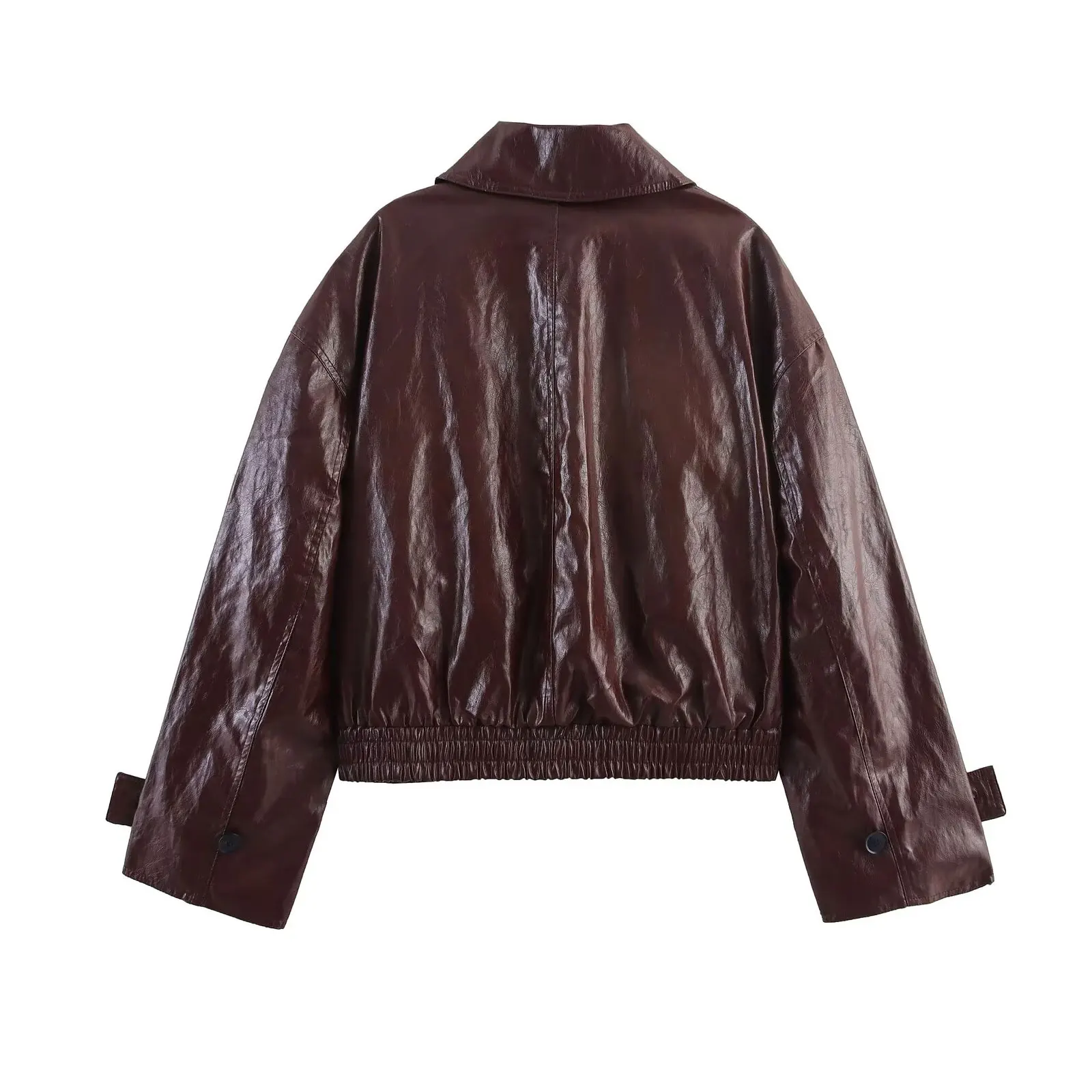 HH Weibliche Street Fashion Glanz Leder Jacke Lange Ärmel Revers Tasten Reise Straps Herbst Solide Vintage Asymmetrische Mäntel