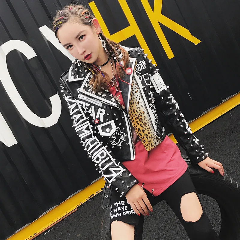 Autumn Fashion Rivet Leather Motorcycle Jacket For Women Punk Style Leopard Letters Printing Rock Biker Streetwear